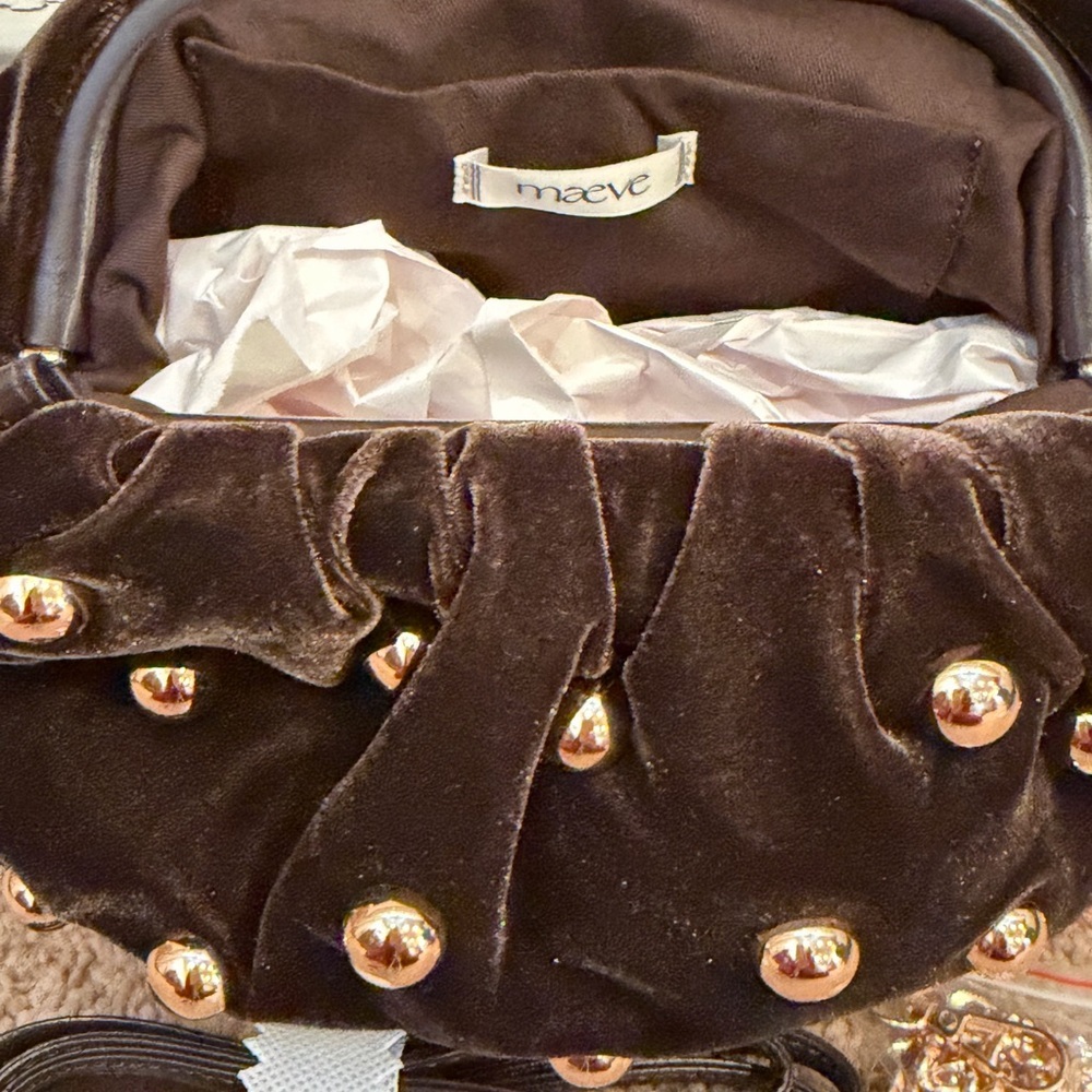 NWT new Anthropologie studded Velvet Clutch brown gold Gold crossbody purse bag - Picture 10 of 15